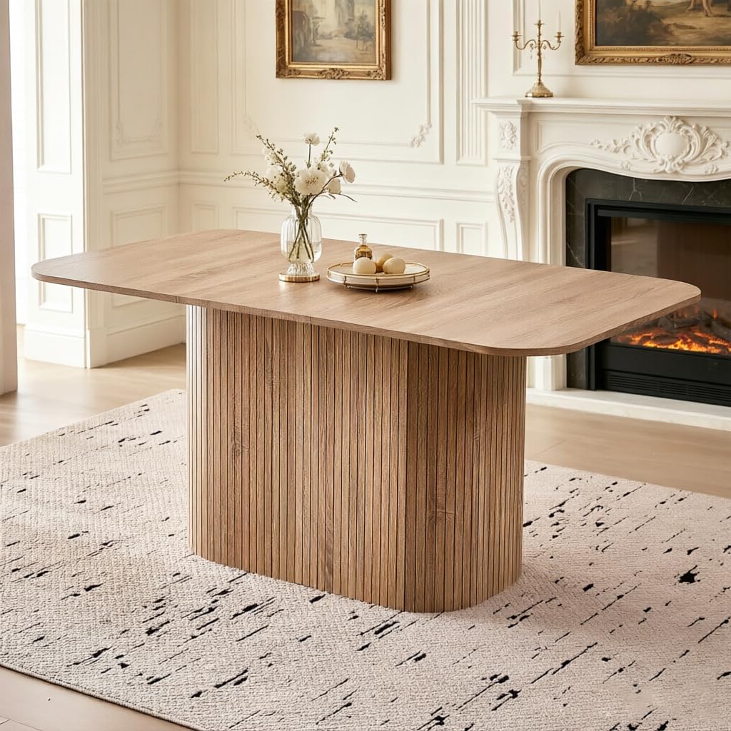 63" Large Dining Table for 4 6, [Rounded Corners] [Grooved Pedestal Base] Modern Rectangle Kitchen Dinner Dining Living Room Table
