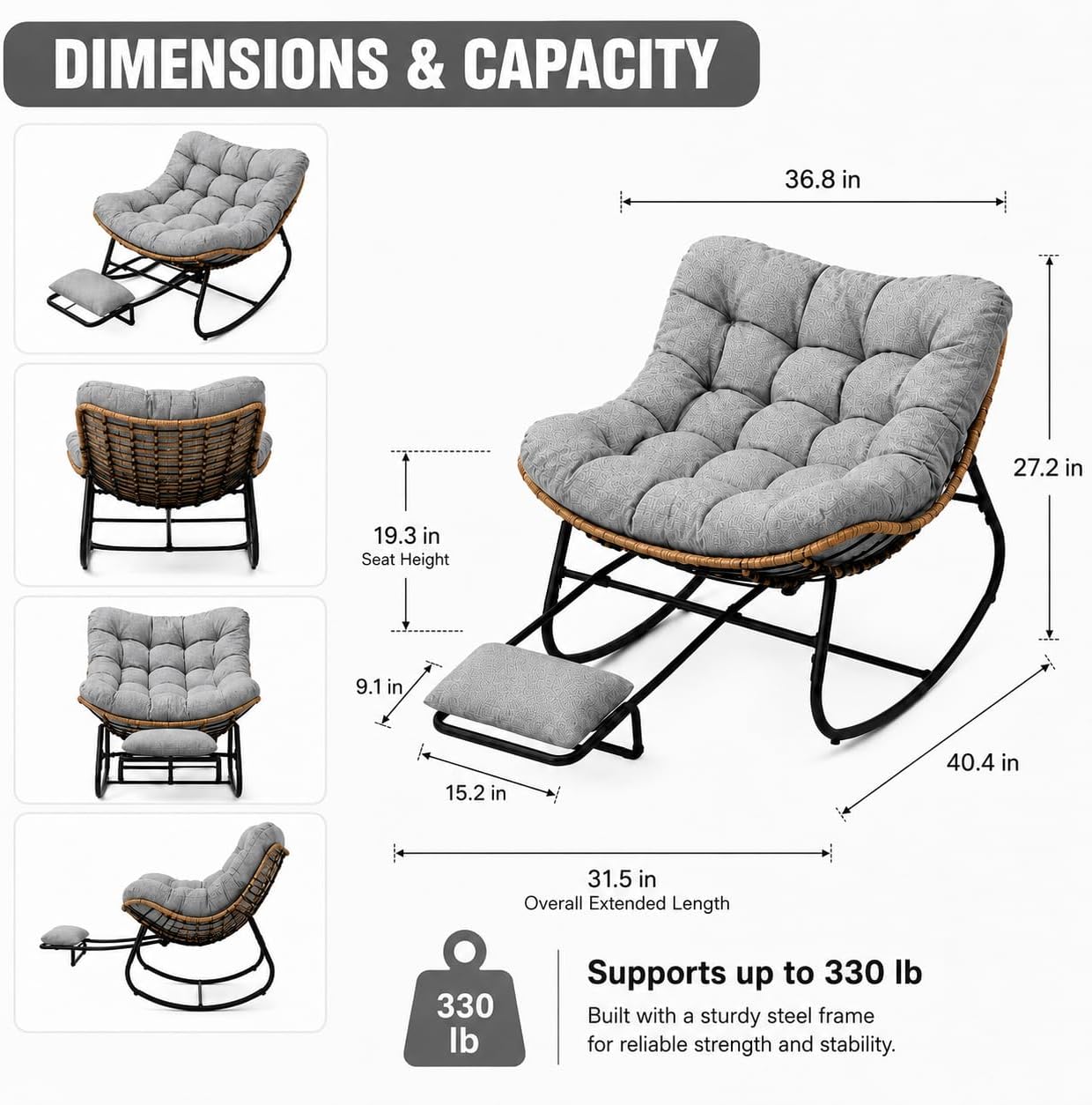 Oversized Rocking Chair with Zero-Gravity Foot Rest & Ottoman, Comfy Lounge Chair for Patio, Porch, Balcony, Indoor Reading Nook, Big Cozy Chaise Chair for Outdoor & Home Use, Grey