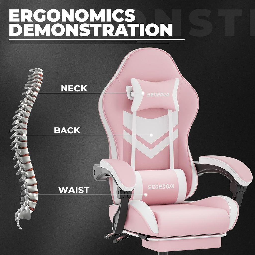 Gaming Chair with Footrest & Massage Lumbar Support, PU Leather Ergonomic High Back Swivel Height Adjustable Chair for Adults, Office Gaming, 300 lbs (Pink White)
