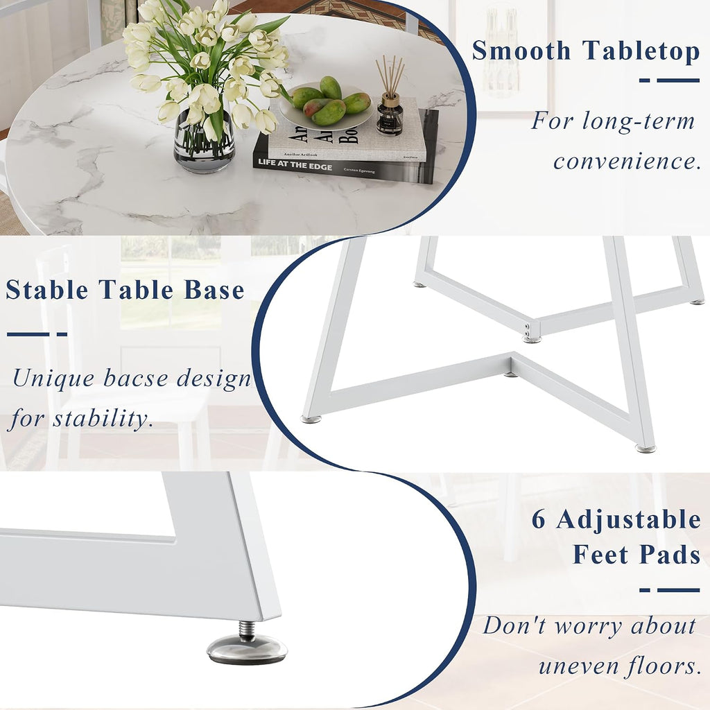 VECELO Round Dining Room Table with Wood Grain Tabletop and Steel Frame, for Kitchen, Living Room, Office, Conference, 2 to 4 Person, White Faux Marble