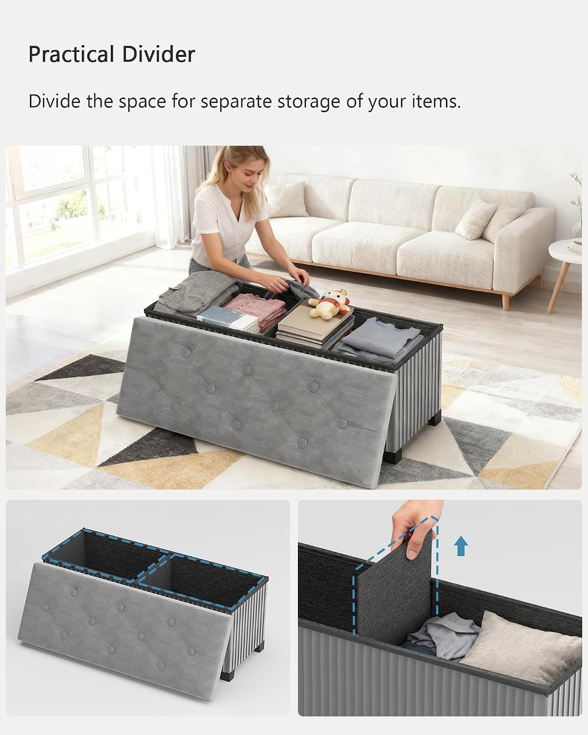 LITZFUR 43 Inches Storage Ottoman Bench, Velvet Foot Rest Stool, Grey | Folding Ottoman with Legs, End of Bed Bench, Storage Chest for Living Room, Bedroom