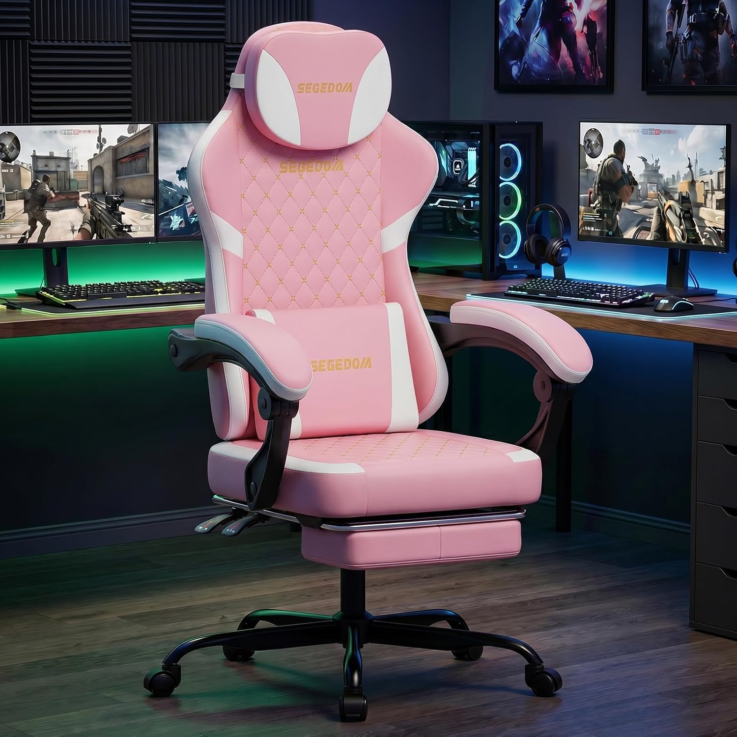 Ergonomic Gaming Chair with Footrest & Massage Lumbar Pillow, Height Adjustable 360° Swivel Computer Chair, Linked Armrest & Headrest for Office Gaming (Pink White)