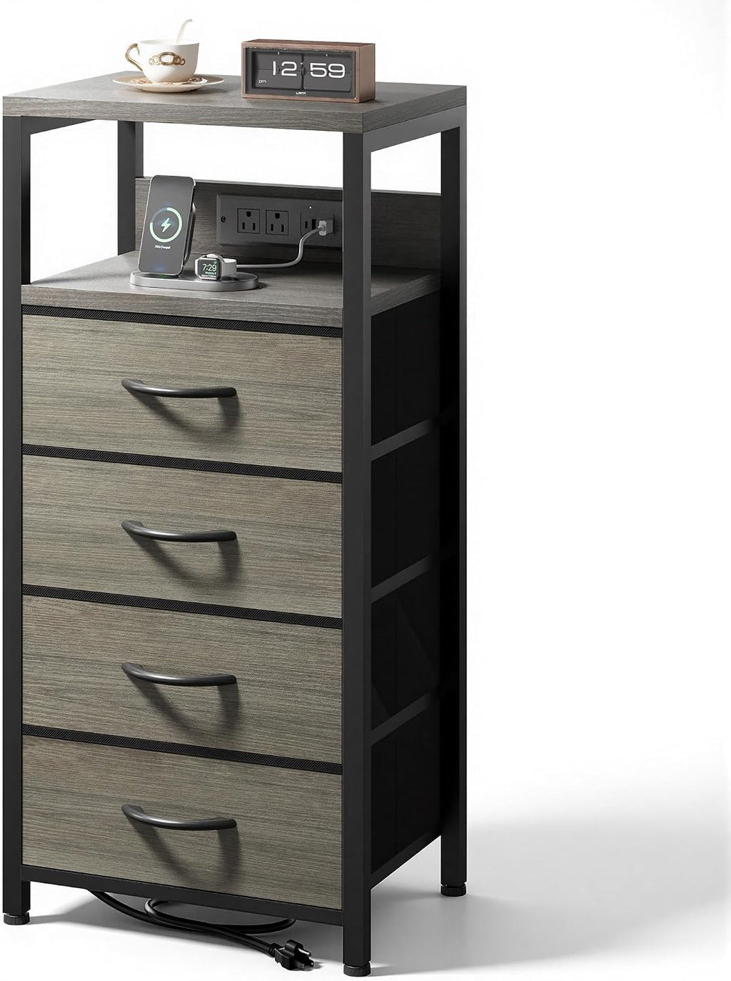 Lazzanto Night Stand with Charger Station, 4 Fabric Drawers, Grey | Nightstand, Bedside Table, Open Shelf, Built in USB-A, USB-C Port & AC Outlets, For Bedroom, Dorm, Living Room