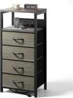 Lazzanto Night Stand with Charger Station, 4 Fabric Drawers, Grey | Nightstand, Bedside Table, Open Shelf, Built in USB-A, USB-C Port & AC Outlets, For Bedroom, Dorm, Living Room