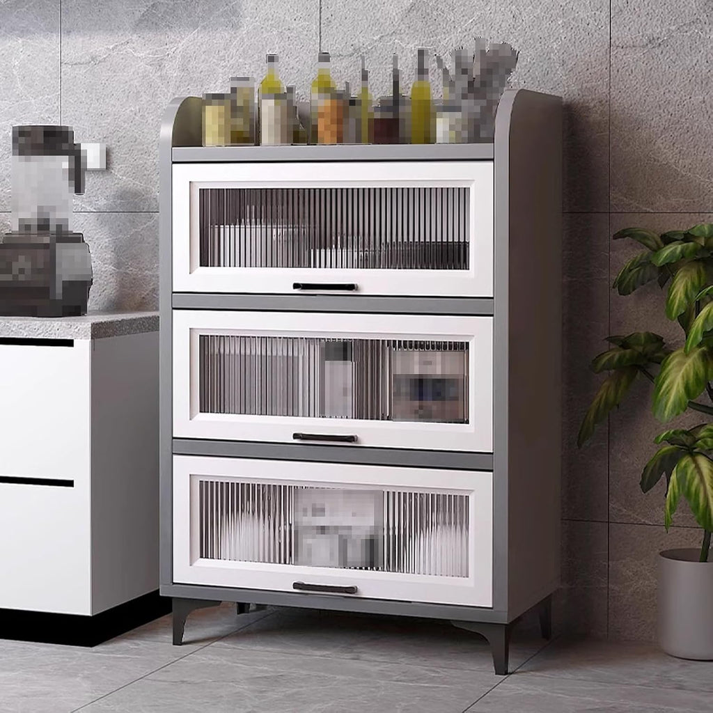 Kitchen Pantry Storage Cabinet E1 Grade Environmental Protection Board Concealed Flip-up Glass Cabinet Doors, for Kitchen Dining Room Living Room(Ash Gray,60cm*40cm*169cm)