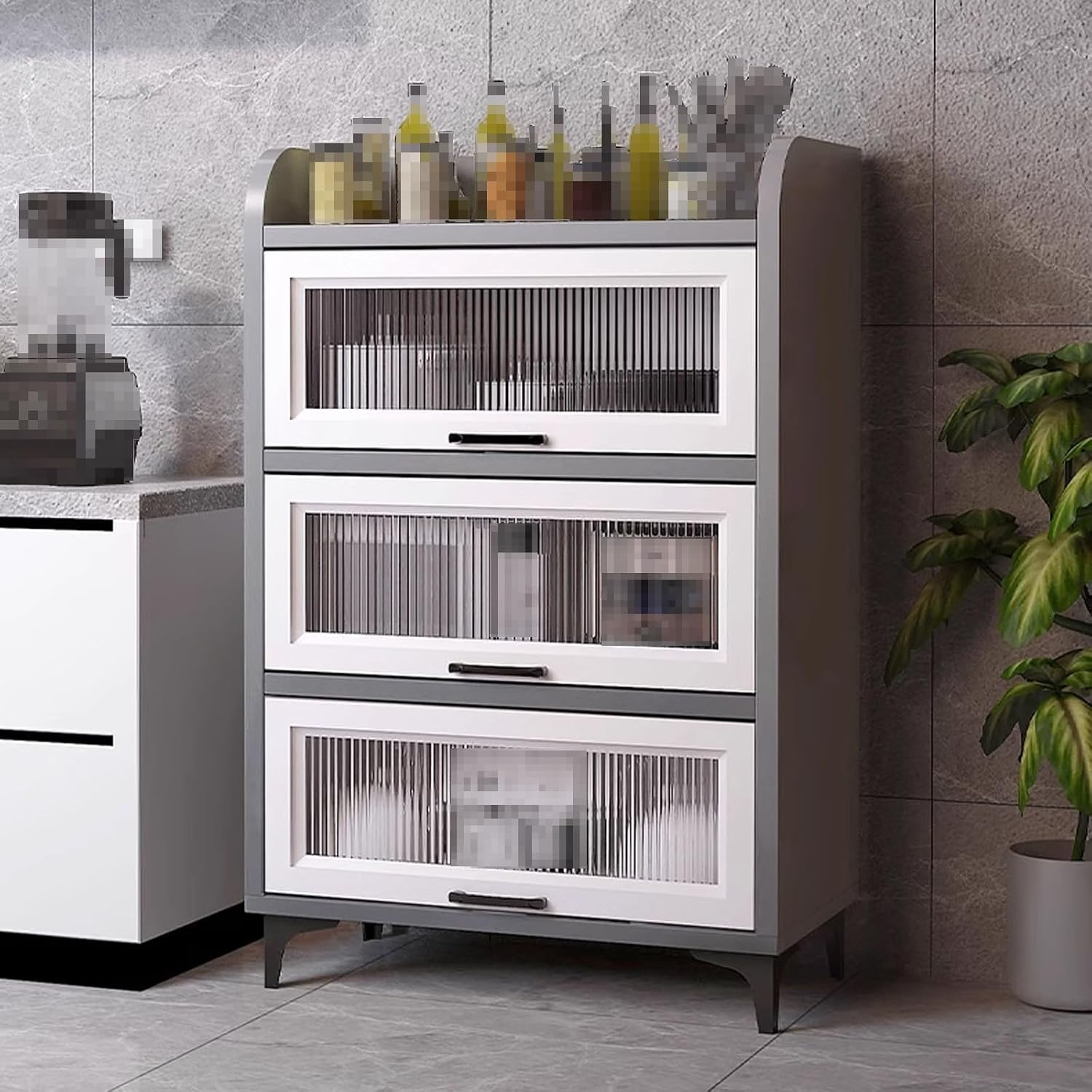 Kitchen Pantry Storage Cabinet E1 Grade Environmental Protection Board Concealed Flip-up Glass Cabinet Doors, for Kitchen Dining Room Living Room(Ash Gray,60cm*40cm*169cm)