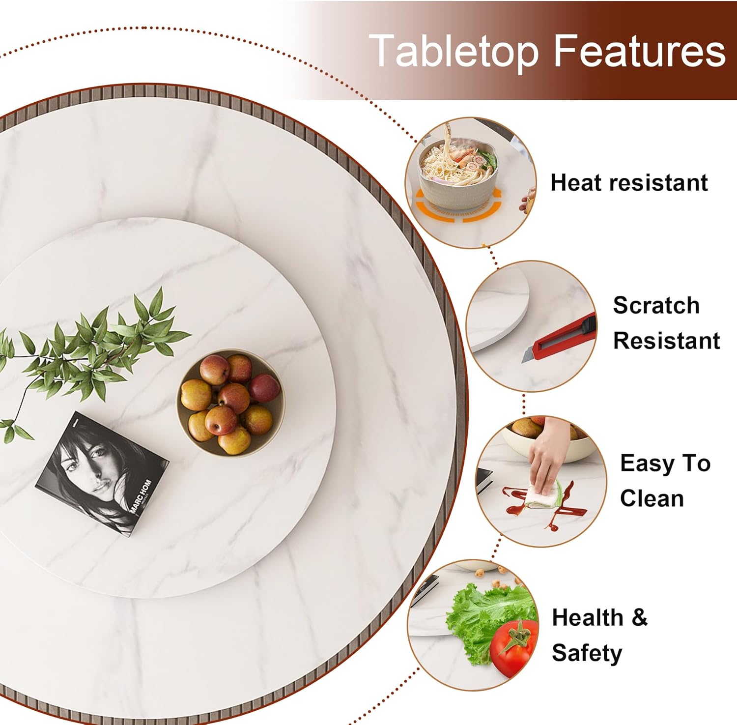 Montary 59" Modern Round Dining Table, Turntable Faux Marble Kitchen Table with Lazy Susan, Sintered Stone Tabletop Dining Room Table for 6-8 Person, with Black Metal Pedestal