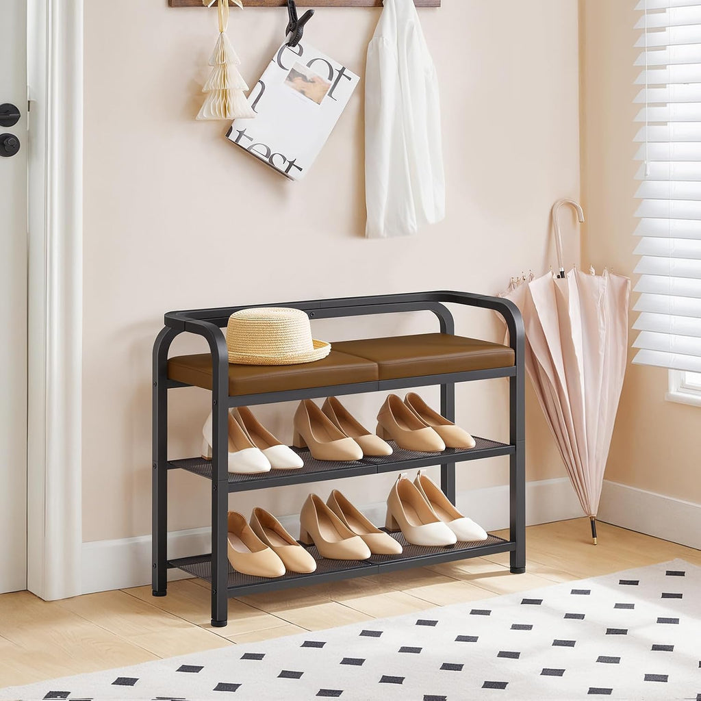 YATINEY Shoe Bench with Backrest, Entryway Bench, 2-Tier Shoe Rack with PU Padded Seat, Upholstered Shoe Storage Bench with Back, for Hallway, Entryway, Foyer, Bedroom, Brown and Black HX04BV