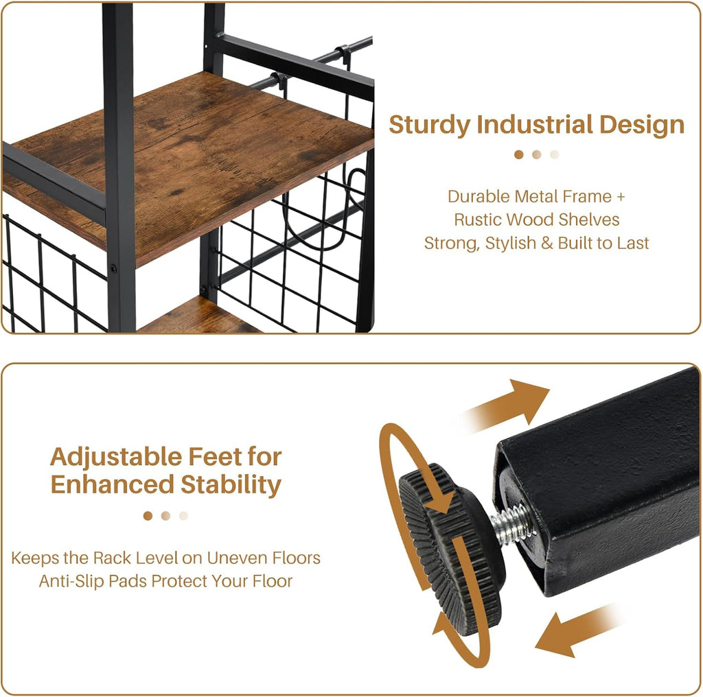 FurnitureR Multifunctional End Table with Guitar Stand, Industrial Style 3-Tier Music Equipment Rack with Wooden Board & Metal Frame, Guitar Stand with Storage Shelves, Holds 2 Guitars, Brown