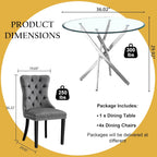 Round Glass Dining Table Set for 4, Modern 36 Inch Glass Kitchen Table with Silver Stainless Steel Legs and 4 Grey Velvet Chairs, for Dining Room, Apartment, Small Space