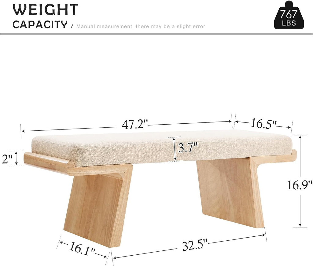 47.2" Natural Wood Bedroom Bench, Upholstered Entryway Bench, Modern End of Bed Ottoman with Soft Padded Seat & Solid Wood Frame for Dining Room and Living Room, Linen
