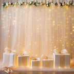 30×10ft Champagne Tulle Backdrop Curtain with Lights String for Parites, Sheer Photo Backdrop Curtains for Wedding Party Photography Background