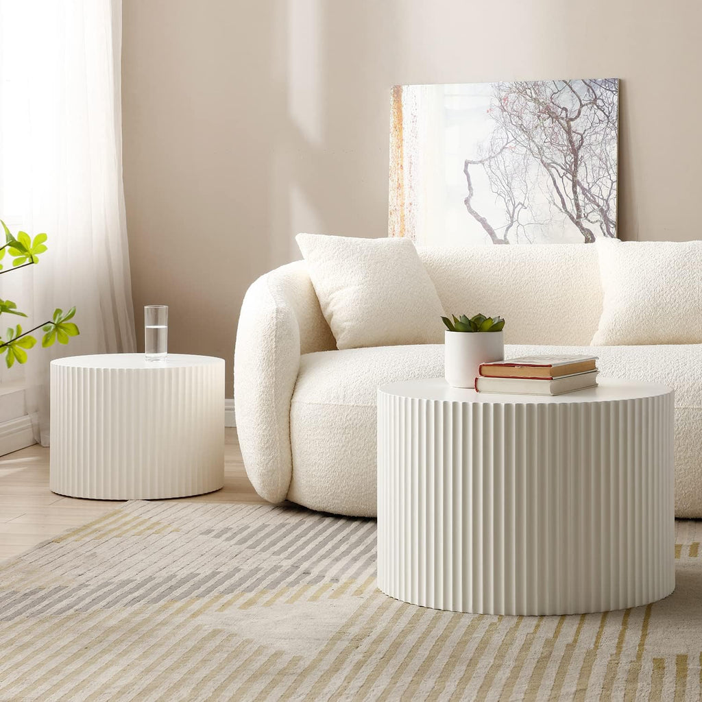 42.52'' White Round Nesting Coffee Table Set of 2 Modern Drum Side End Table for Living Room, Contemporary Wood Circle Embossed Design, No Assembly, White