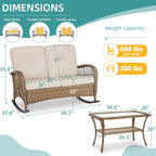 MEETWARM Outdoor Wicker Loveseat Rocking Chair, Loveseat for 2 Person Porch Furniture Rocker with Glass-Top Coffee Table, All-Weather Rattan Patio Rocking Bench with Thickened Cushions, Brown