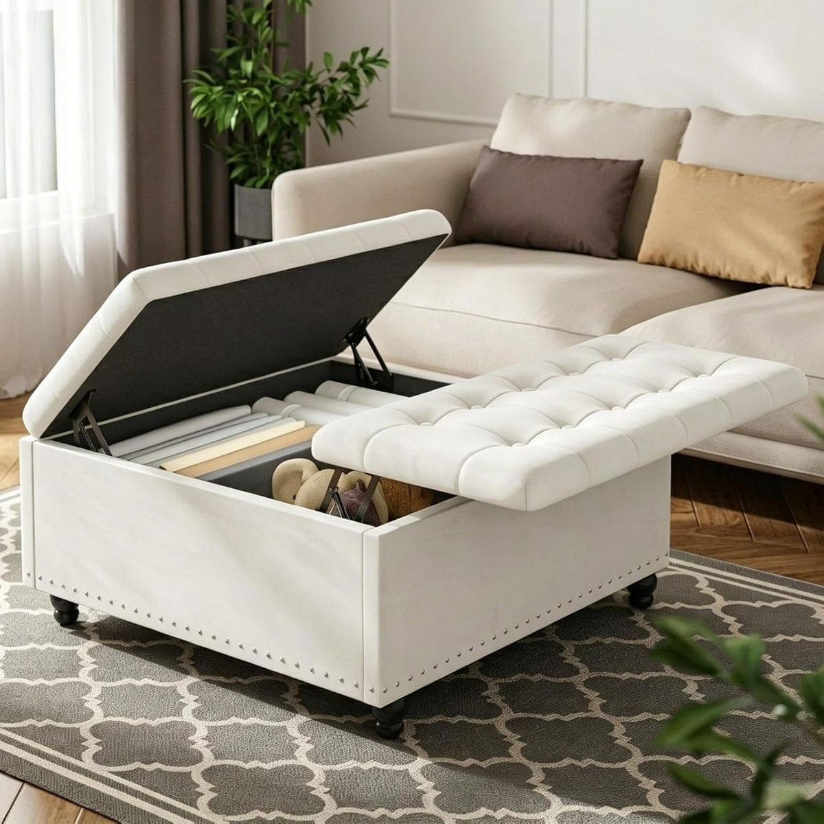 FUXA 35" Large Square Ottoman with Storage and Lift Top, Wood Legs, Beige | Oversized Coffee Table, Tufted Upholstered Bench, Sturdy Construction, for Living Room