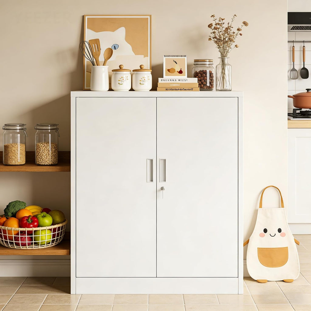 CJF Pantry Cabinet, Metal Pantry Storage Cabinets with Doors and 2 Adjustable Shelves, 36" H Locking Cabinet for Kitchen Storage, Home, Garage, Utility Room and Basement, White