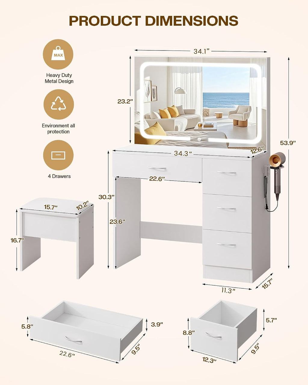 LIVELYGLOW 35.4" White Vanity Desk Set with Full-Width LED Mirror & Stool | 3 Lighting Modes, Charging Station, Cushioned Stool, 4 Drawers