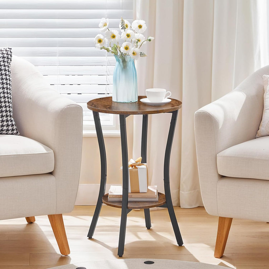 HOOBRO Round Side Table 15.7", 2-Tier Sofa End Table, Small Storage Nightstand, for Small Spaces, Living Room Bedroom Accent Table, Rustic Brown and Black BF180BZ01