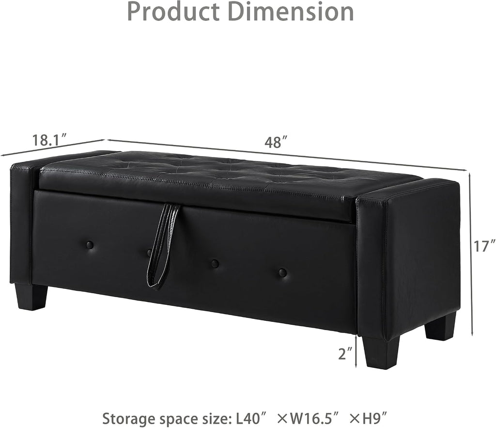 Betoko PU Leather Ottoman Bench with Storage,48" Mid Century Modern Storage Bed Bench for Bedroom,Button Tufted Ottoman Benches with Seating for Living Room,Entryway,Window (New PU Black)