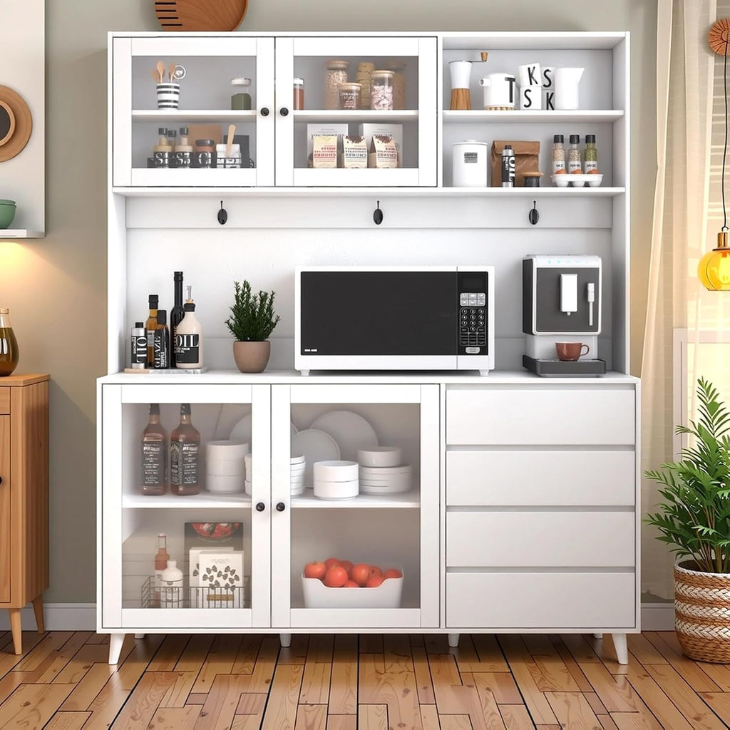 63'' Farmhouse Kitchen Pantry Cabinet, Tall Kitchen Storage Cabinet Home Storage with Microwave Stand, Freestanding Kitchen Hutch Cabinet with Storage 4 Doors, 4 Drawers - muebles para cocina (White)