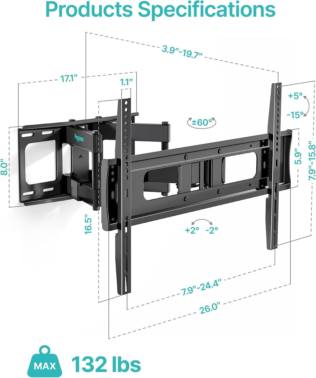 Pegzone Full Motion TV Wall Mount for 37-90 Inch TVs up to 132lbs | Swivel Tilt Extension Heavy Duty TV Bracket with Articulating Arms, Pre-Assembled Mount, Max 16" Wood Studs, VESA 600x400mm