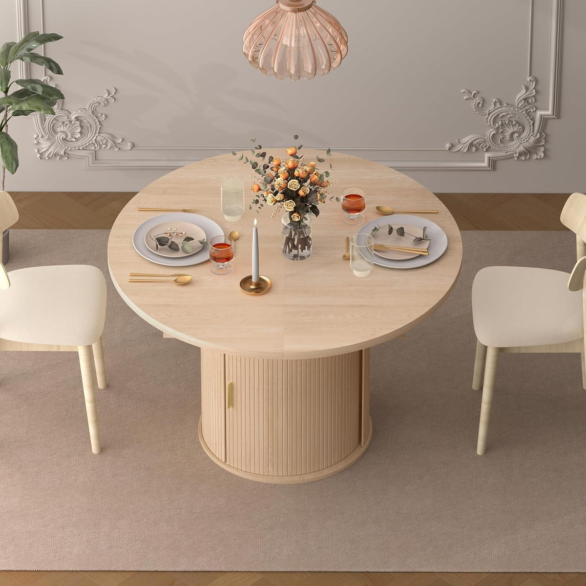 Extendable Round Dining Table: 47″–63″ Kitchen Table for 4 6 8 with Dust-Proof 2-Tier Storage Shelf Space Saving, Modern Farmhouse Expandable Wood Oval Circle Dinner Furniture with Pedestal Base
