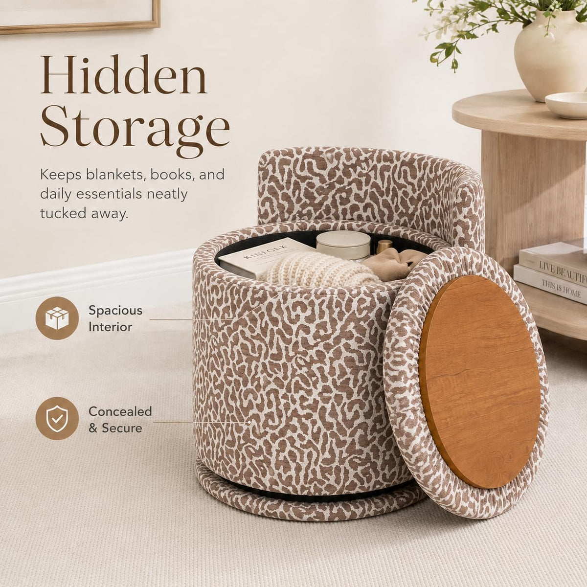 360° Swivel Makeup Chair with Storage, Leopard Upholstered Accent Stool with Back, Round Vanity Stool Ottoman for Living Room, Makeup Room, Bedroom (Leopard)
