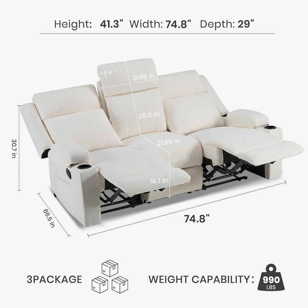 75'' Manual Reclining Sofa with Storage Drawer, 3 Seat Wall Hugger Recliner Couch with Cup Holders, Side Pockets, Chenille Fabric, Compact 3-Person Recliner for RV, Living Room, Apartment (Beige)