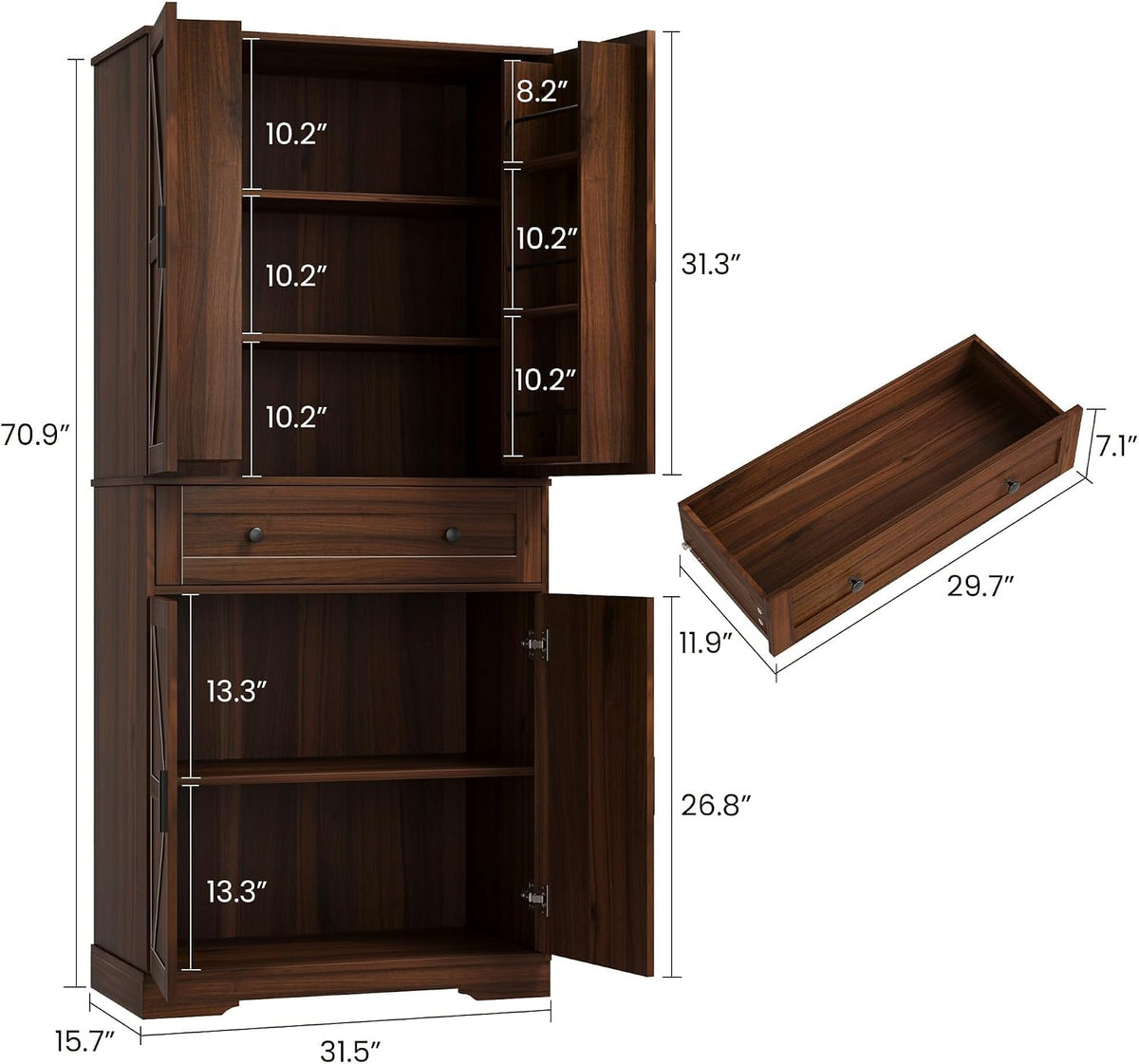 Garvee 71" Kitchen Pantry Cabinet, Barn Door Freestanding Cupboard with Drawer, Sliding Storage Rack, and 6 Hanging Shelves for Kitchen, Dining Room, Living Room Bedroom