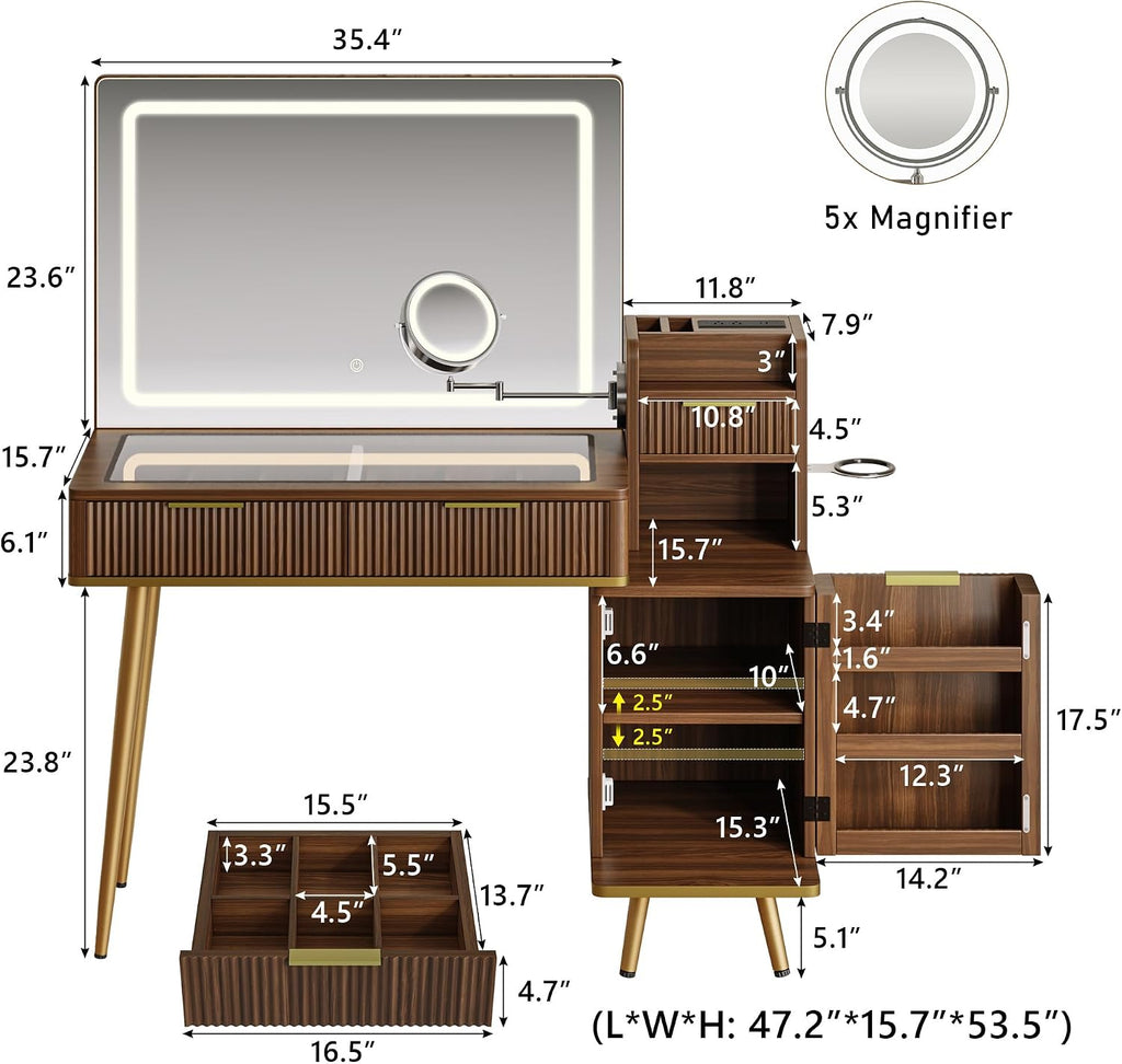 iPormis Makeup Vanity Desk with HD & 5X Magnifying Mirror and Lights, 47'' Make up Vanity, Fluted Glass Top Dressing Table w/Power Outlets, Adjustable Storage, Dark Brown