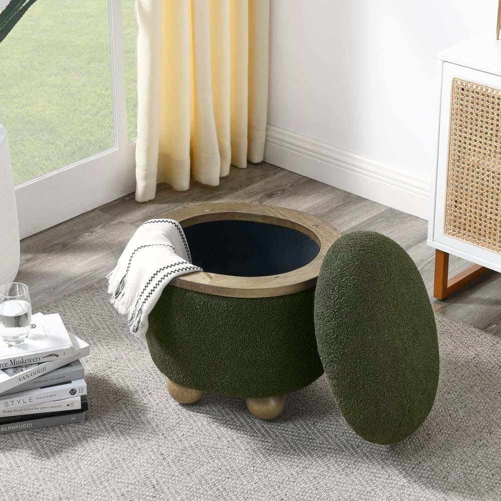 Round Storage Stool, Storage Stool with Storage Space and Cushioned seat, Available in Bedroom, Living Room, entryway-Dark Green