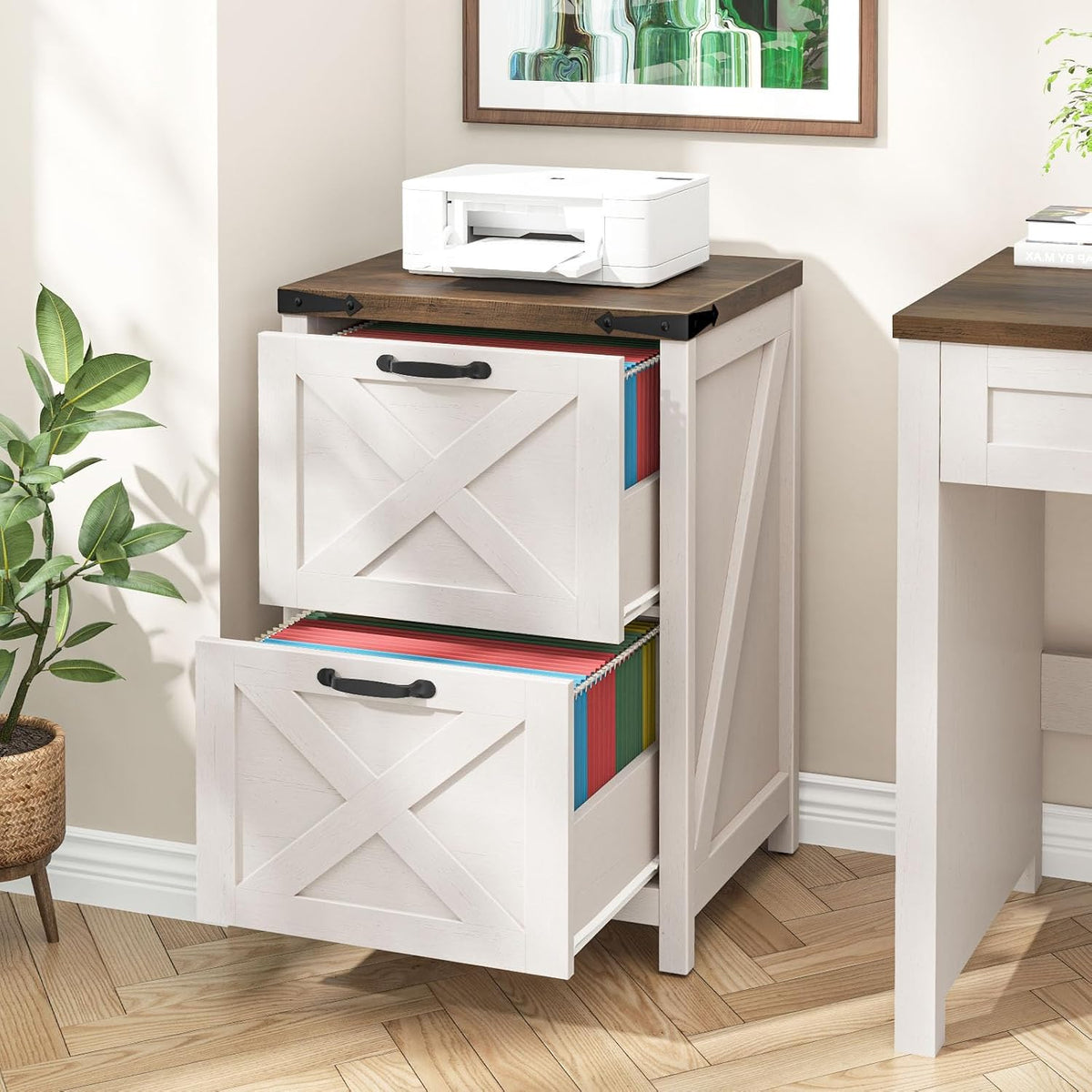 Halitaa Farmhouse File Cabinet with 2 Drawers for Home Office, Rustic White | Vertical Filing Cabinet Fits Letter and A4 Size, Farmhouse Printer Stand, Under Desk Wooden File Cabinet