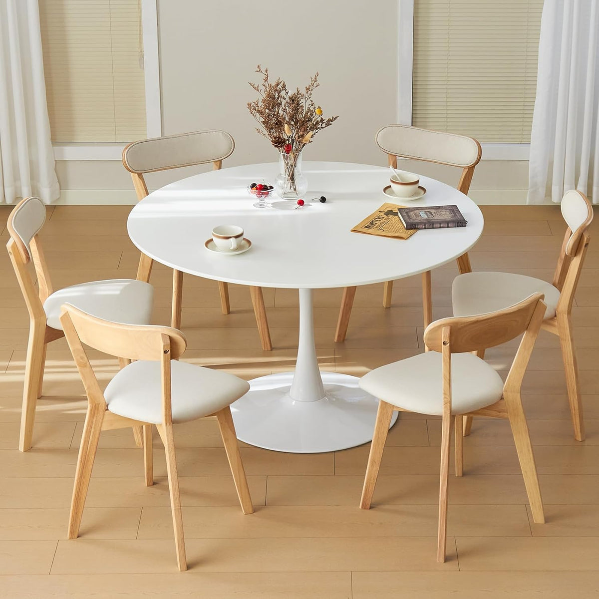 43.5" Tulip Table, Round Dining Table with Thickened Tabletop & Metal Pedestal, Mid Century Modern Bistro Circle Table for Kitchen, Small Places, Living Room, Cafe (White)