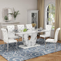 Modern Faux Marble Dining Table Set for 6, 63" White Rectangular Kitchen Table with Elegant U-Shaped Pedestal Base & 6 Tufted Upholstered High-Back Chairs, Luxury 7-Piece Dining Room Furniture Set