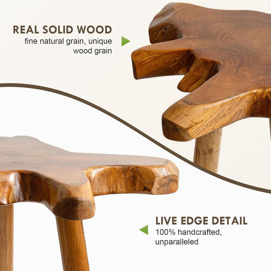 Natural Teak Wood Live Edge Side Table with Wood Legs – Rustic Side Table for Living Room, Bedroom – Sturdy Real Teak Wood End Table, Easy to Assemble (14"x16"x20" +18"x20"x20")