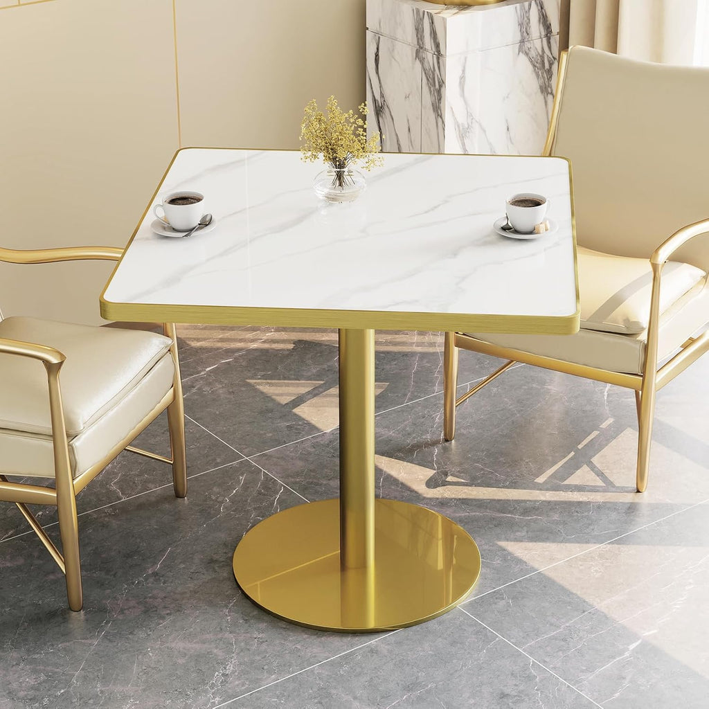 31.5'' Square Modern Dinning Table with Sintered Stone Tabletop, Golden Edge & Pedestal Base, Bistro Tulip Table for 2-4 Person for Dining Room/Cafe/Small Spaces/Restaurant (Snow Peak Marble)