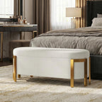 Hyfirm 48" Storage Ottoman Bench – White Chenille Upholstered Footrest with Gold Legs, Long Oval Padded Stool for Bedroom, End of Bed, Living Room, Entryway, Hallway