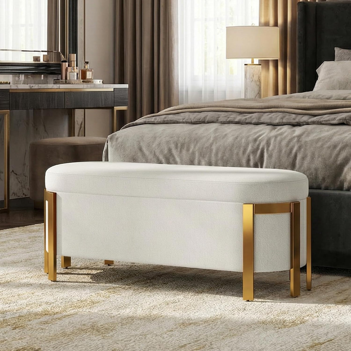 Hyfirm 48" Storage Ottoman Bench – White Chenille Upholstered Footrest with Gold Legs, Long Oval Padded Stool for Bedroom, End of Bed, Living Room, Entryway, Hallway