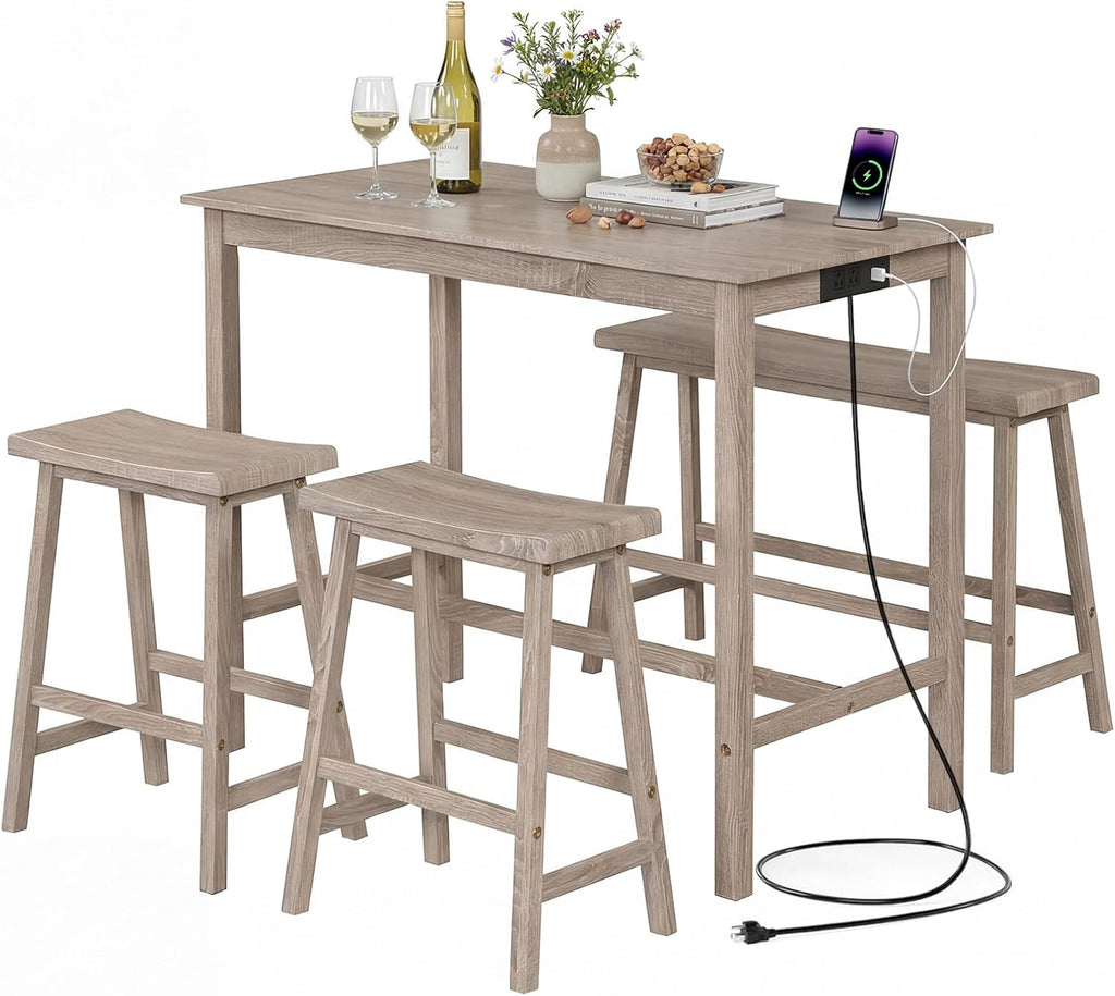 Giantex 4-Piece Counter Height Dining Table Set with Power Outlet, Solid Rubber Wood Kitchen Table with Saddle Backless Bench & 2 Stools, Space-Saving Bar Table Set for Breakfast Nook (Light Gray)