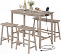 Giantex 4-Piece Counter Height Dining Table Set with Power Outlet, Solid Rubber Wood Kitchen Table with Saddle Backless Bench & 2 Stools, Space-Saving Bar Table Set for Breakfast Nook (Light Gray)