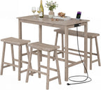 Giantex 4-Piece Counter Height Dining Table Set with Power Outlet, Solid Rubber Wood Kitchen Table with Saddle Backless Bench & 2 Stools, Space-Saving Bar Table Set for Breakfast Nook (Light Gray)
