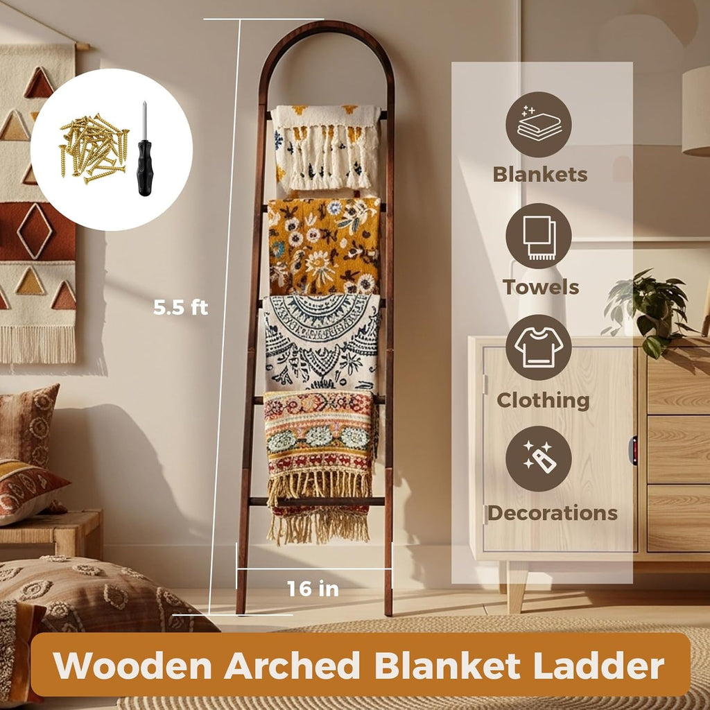 Sintuff Arched Blanket Ladder for Living Room, 5.5ft Wooden Blanket Rack, 5-Tier Natural Leaning Ladder Shelf for Farmhouse Bedroom Living Room Bathroom Decor(Arch,Brown)