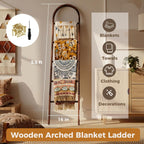 Sintuff Arched Blanket Ladder for Living Room, 5.5ft Wooden Blanket Rack, 5-Tier Natural Leaning Ladder Shelf for Farmhouse Bedroom Living Room Bathroom Decor(Arch,Brown)