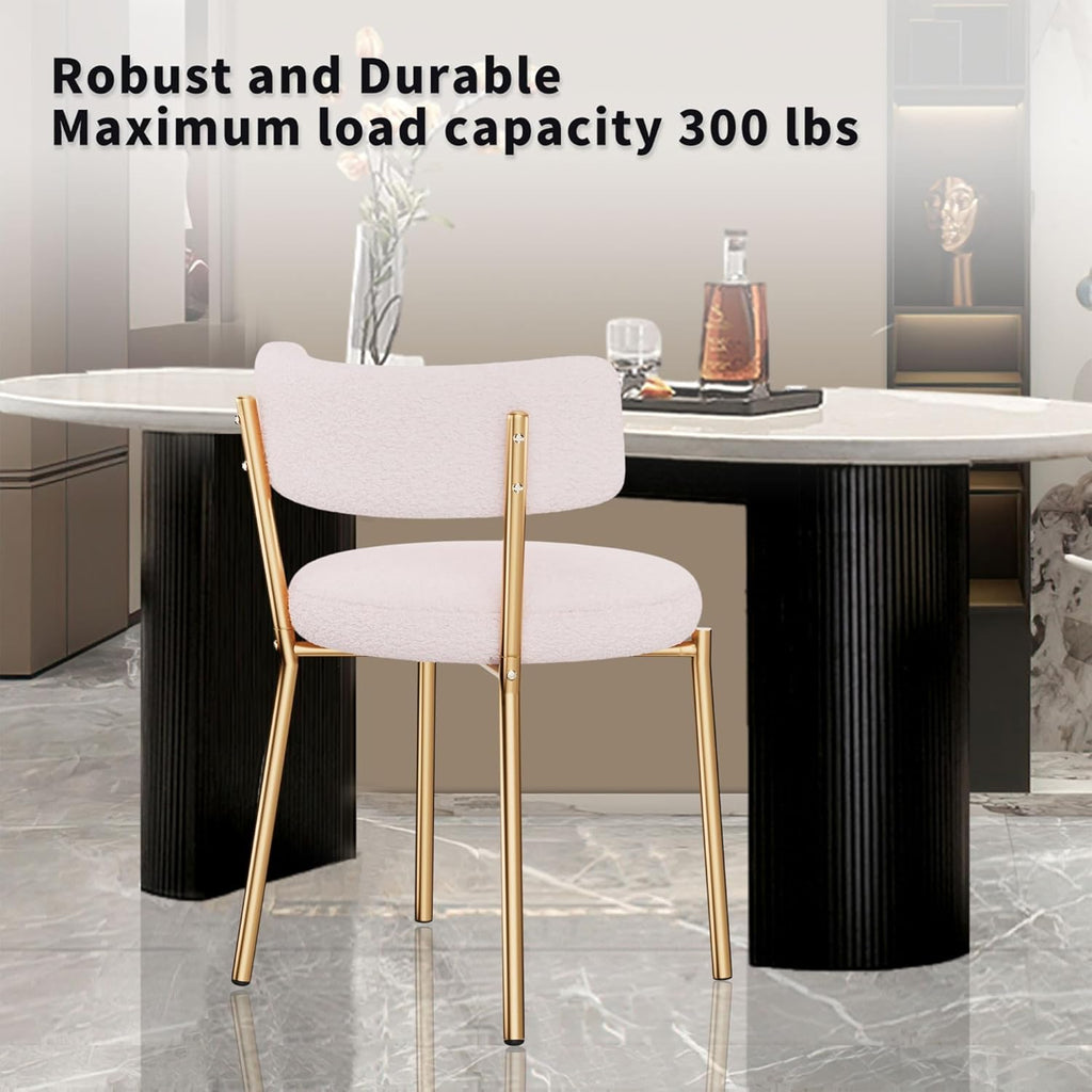Boucle Dining Chairs Set of 2, Modern Round Upholstered Dining Chairs, Curved Backrest Kitchen Dining Room Chairs, Mid-Century Pink Dining Chair with Golden Metal Legs