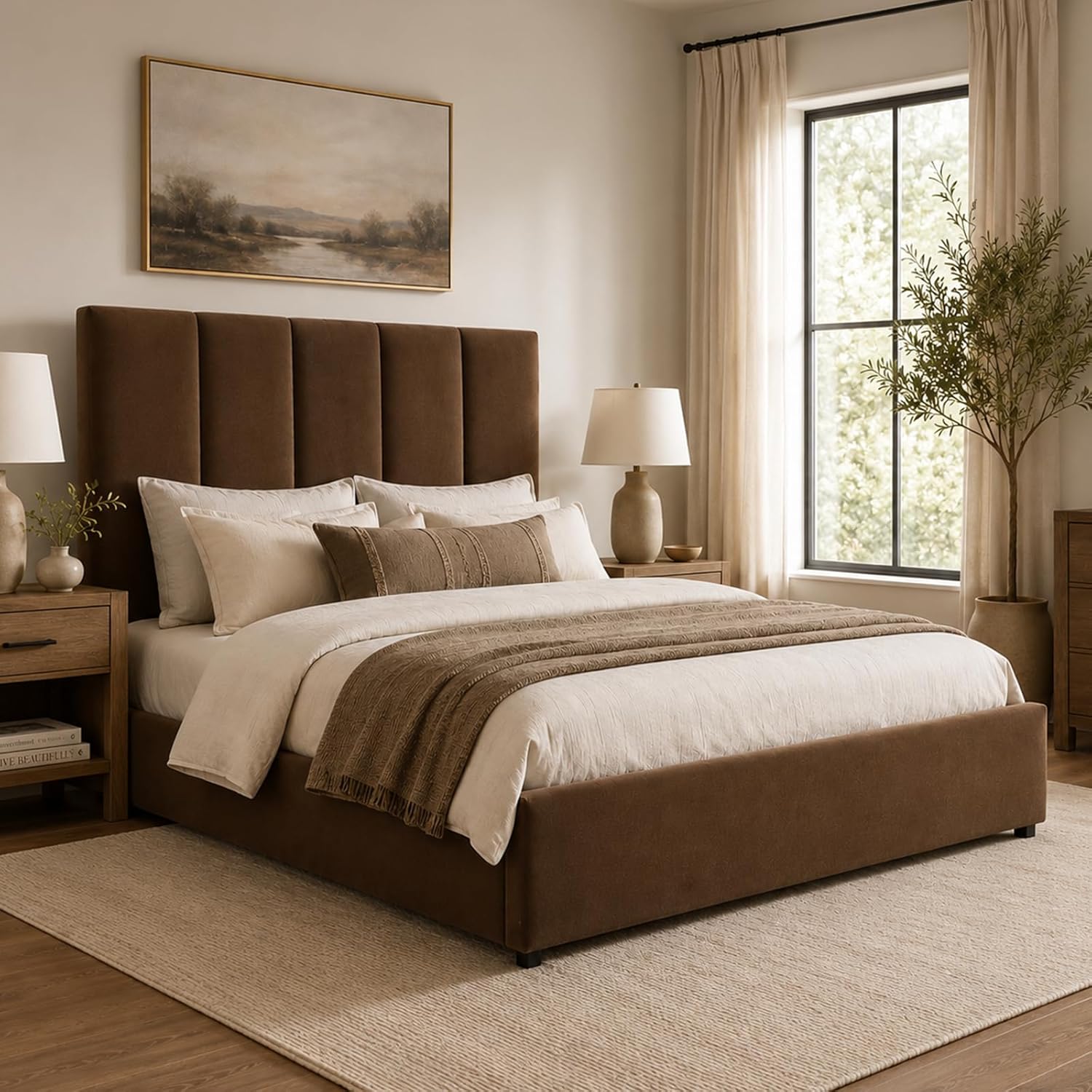 VELOCAVA King Size Storage Bed Frame with 4 Drawers, Upholstered Platform Bed with Under Bed Storage, Vertical Channel Headboard, Wood Slat Support, No Box Spring Needed, Warm Brown