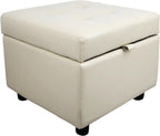 H&B Luxuries Tufted Leather Square Flip Top Storage Ottoman Cube Foot Rest (Cream with Storage)