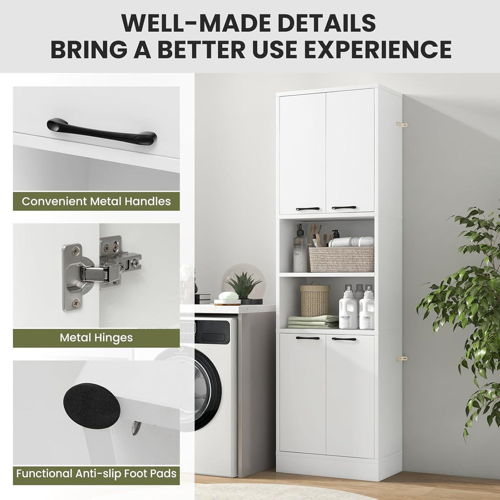 Kitchen Pantry Cabinet, Dining Room Cupboard with 4 Doors & 2 Open Countertop, 4 Anti-Tipping Devices, 75” Tall Bathroom Storage Cabinets (White)