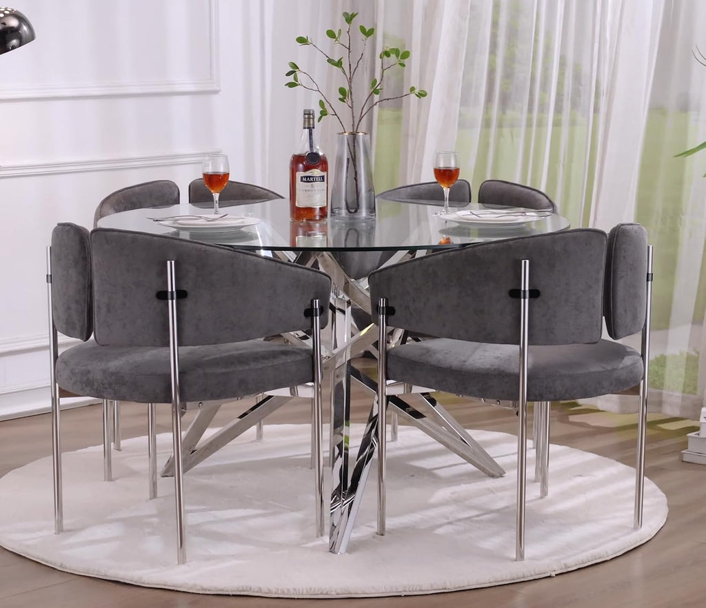 Glass Round Dining Table, 47.2" Modern Round Table with Silver Mirrored Geometric Legs, Gorgeous Clear Circle Table for Kitchen Dining Room, Apartment, Small Spaces