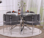 Glass Round Dining Table, 47.2" Modern Round Table with Silver Mirrored Geometric Legs, Gorgeous Clear Circle Table for Kitchen Dining Room, Apartment, Small Spaces