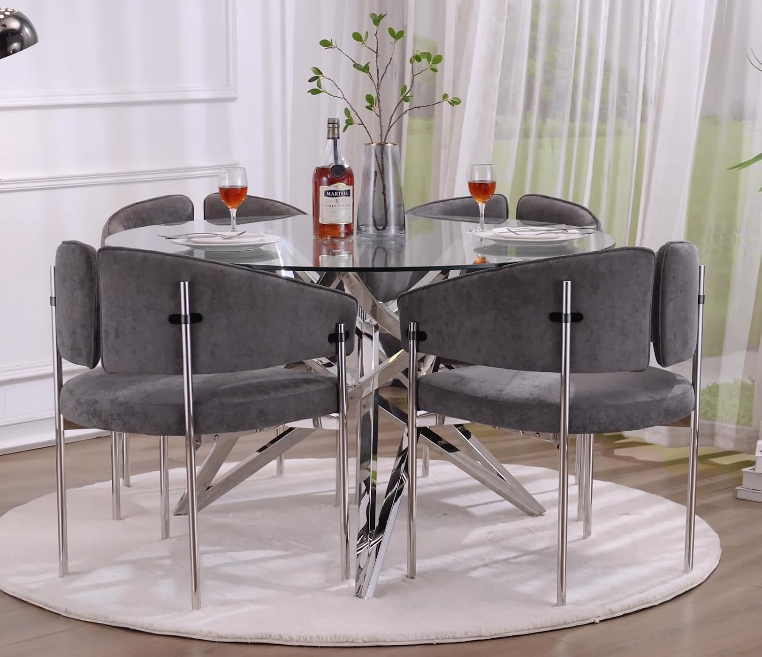 Glass Round Dining Table, 47.2" Modern Round Table with Silver Mirrored Geometric Legs, Gorgeous Clear Circle Table for Kitchen Dining Room, Apartment, Small Spaces